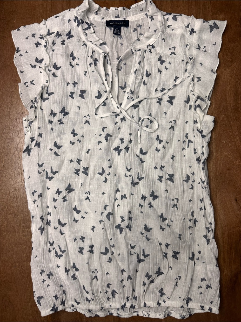 Tamara H White Blouse with Gray Butterfly Print and Tie Neck